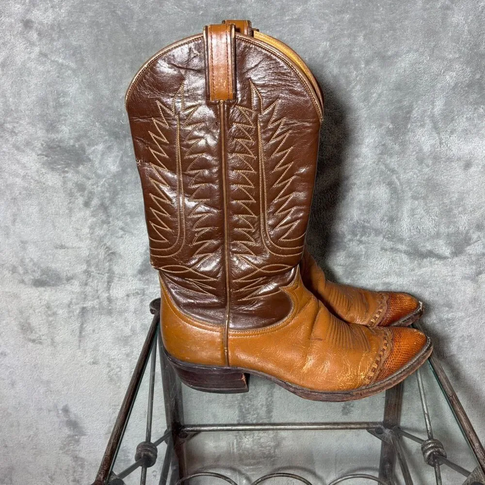VTG. Tony Lama Boots 6243  Lizard Wingtip Leather Men  7.5E Lemonwood pegs Read*